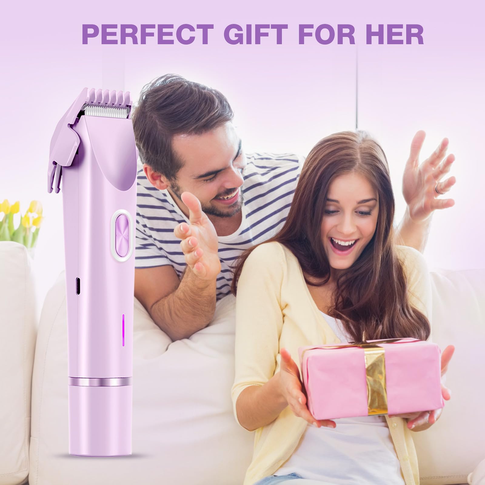 Electric Bikini Trimmer for Women - Gentle Trimming Facial Hair Removal, IPX7 Waterproof, Dual Head, USB Charge, Ceramic Blade, Purple