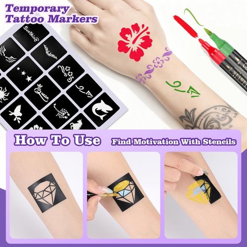 Coliatik Temporary Tattoo Markers for Skin – Dual-End 16 Colors + 80 Stencils Kit, Skin-Safe Washable Cosmetic-Grade Body Art Pens for Kids & Adults
