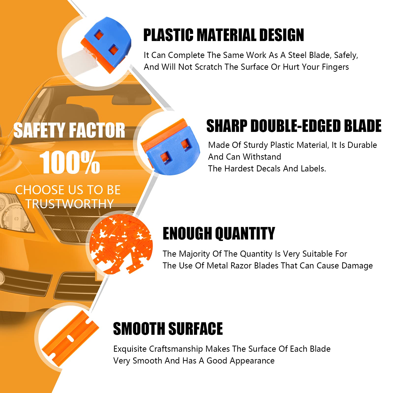 Honoson 300 Pieces Plastic Razor Blade Scraper Blades Plastic Scraper Tools Double Edge Razor Blades with a Tip Slot Edge Blades for Removing Decals, Stickers, Cleaning Window Glass (Orange)