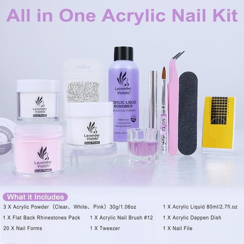LAVENDER VIOLETS Acrylic Nail Kit for Beginners - 30g Clear White Pink Powder and 80ml Acrylic Liquid Set with Brush, Nail Forms, and Tools Professional Nail Set for Home DIY N301