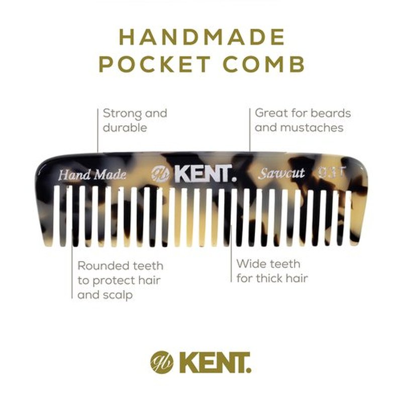 Kent 93T White Tokyo Wide Tooth Small Comb for Men's Mustache and Beard Grooming, Pocket Sized Detangler Travel Comb, Saw-Cut and Polished, Handmade in England