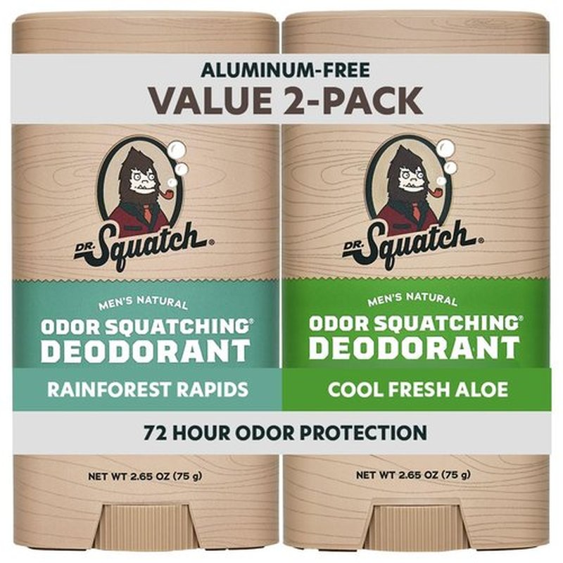 Dr. Squatch Natural Men’s Deodorant - Aluminum-Free Charcoal Formula for 72-Hour Odor Protection | Rainforest Rapids & Cool Fresh Aloe, 2.65oz Stick (2-Pack)