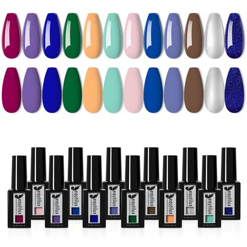 Beautilux 12 Pcs Light Pink Green Brown Blue Glitter Gel Polish Kit, Soak Off UV Nail Gel Polish Manicure for Nail Art DIY Salon at Home and Gift