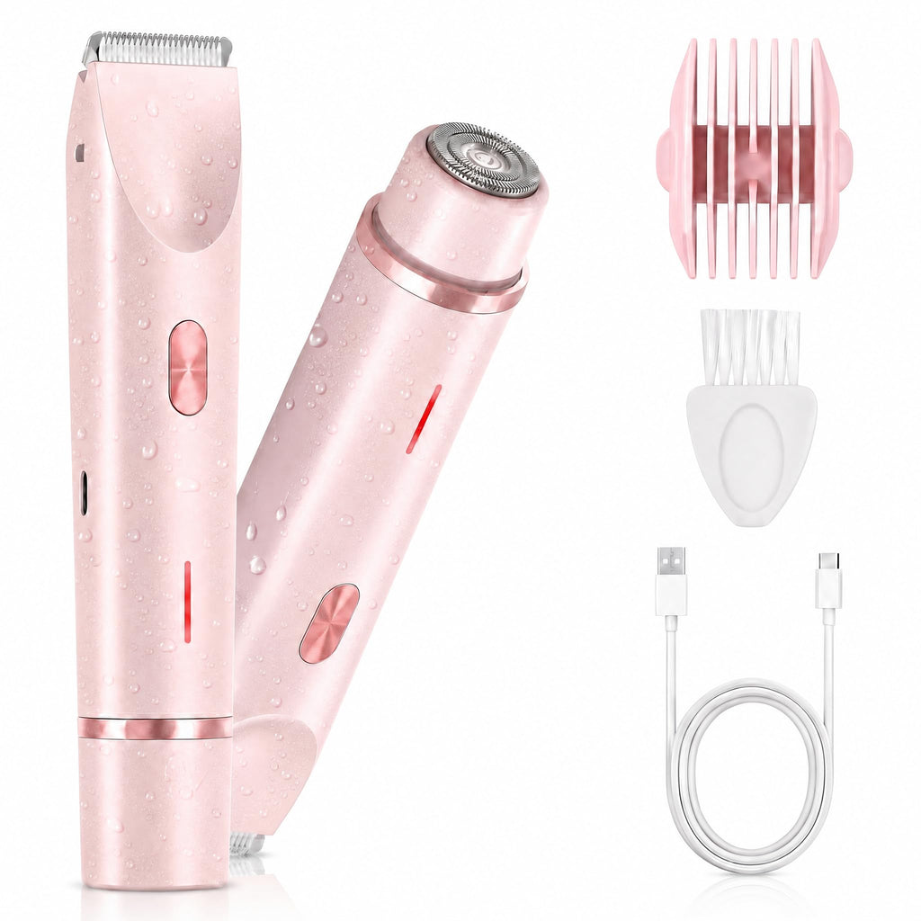 AiooTisu 2-in1- Bikini Trimmer for Women, Waterproof Painless Electric Razor with Dual Heads, IPX7 Shower & Travel Bikini Shaver, USB-C Rechargeable, for Bikini Line, Legs, Face & Underarms