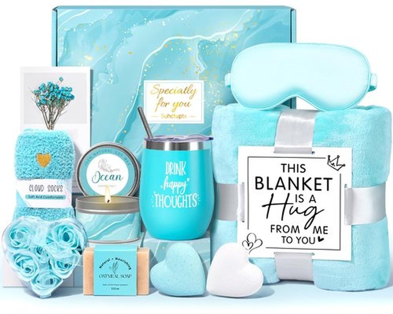 Birthday Gifts for Women, Christmas Self Care Gifts Get Well Soon Gifts Basket, Ocean Relaxing Spa Gifts Care Package w/Luxury Flannel Blanket, Unique for Mom Her Friend Sister