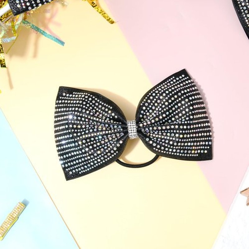DEEKA Black Glitter Tailless Cheer Bows Large 6.5" Rhinestones Competition Hair Bow Elastic Band for Cheerleading Cheerleaders Girls (Glitter Black)