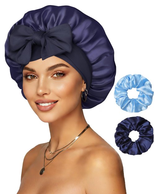 Reversible Satin Bonnet for Sleeping Women Silk Double Layer Hair Cap with 2PCS Scrunchies Elastic Tie Band Night Cap Wrap for Natural Curly Hair (Navy Blue + Light Blue)