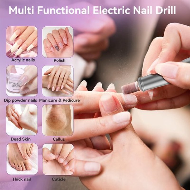 RAZOWISE Electric Nail Drill: Professional for Acrylic Gel Powder Nails Portable Nail Drill for Manicure Pedicure Nail Efile 5 Speeds 12 in 1 with LED Display Rechargeable, Grey