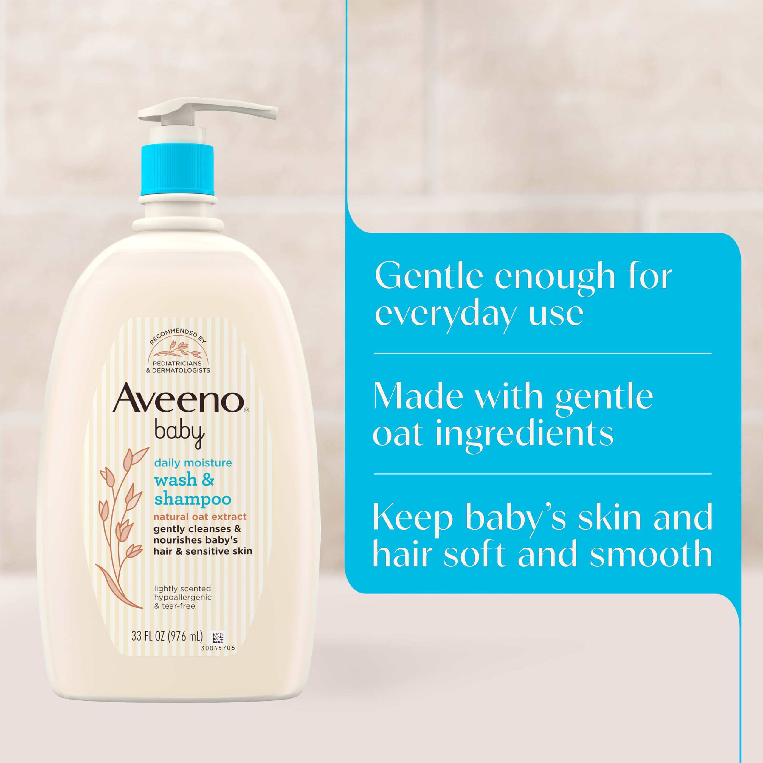 Aveeno Baby Daily Moisture Gentle Baby Body Wash and Shampoo with Oat Extract, 2-in-1 Baby Wash & Hair Shampoo, Tear-Free, pH Balanced for Sensitive Skin & Hair, Lightly Scented, Value Size 33 Fl Oz
