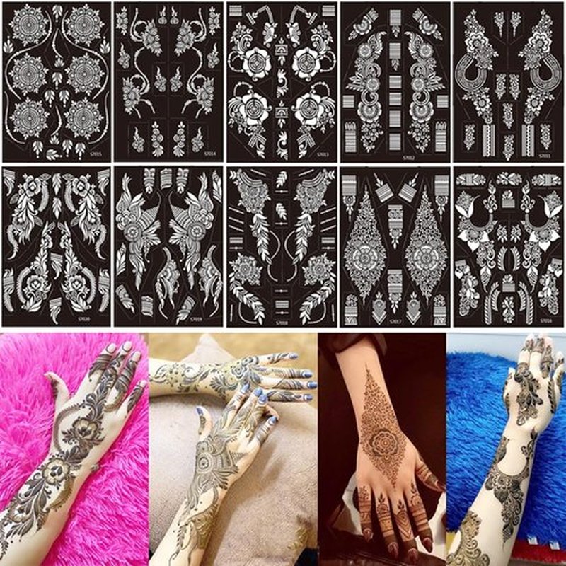 PPVWEY 10 Sheets Henna Tattoo Stencils 10 Pair Arm Hand Henna Tattoo Template Temporary Indian Arabian Glitter Airbrush Tattoo Stickers for Face Body Paint DIY (Black-1)