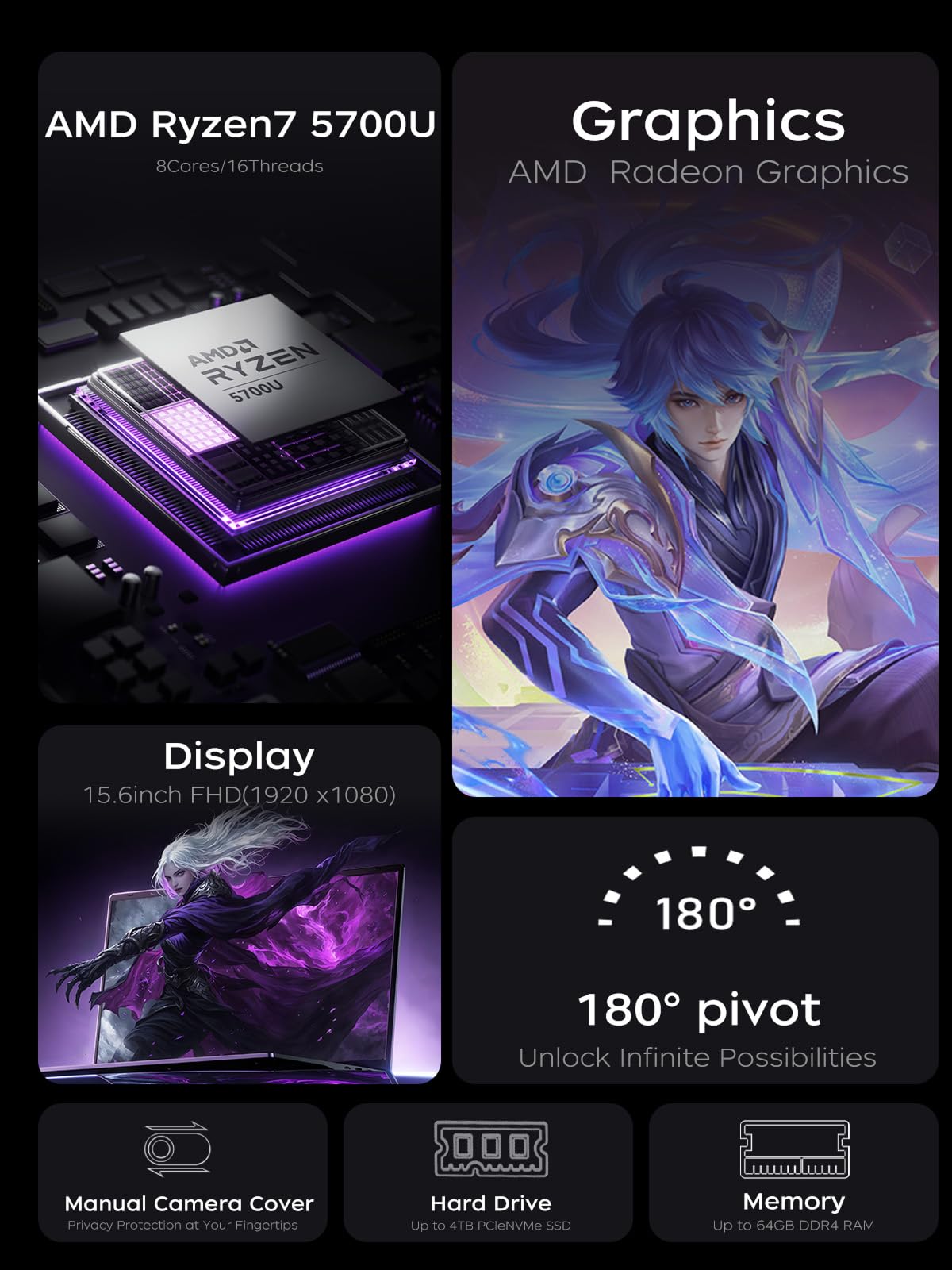 KAIGERR Gaming Laptop, 15.6inch Laptop Computer with AMD Ryzen 7 5700U(8C/16T, Up to 4.3GHz), 16GB RAM 512GB NVMe SSD Windows 11 Laptop, Radeon RX Vega 8 Graphics,WiFi 6