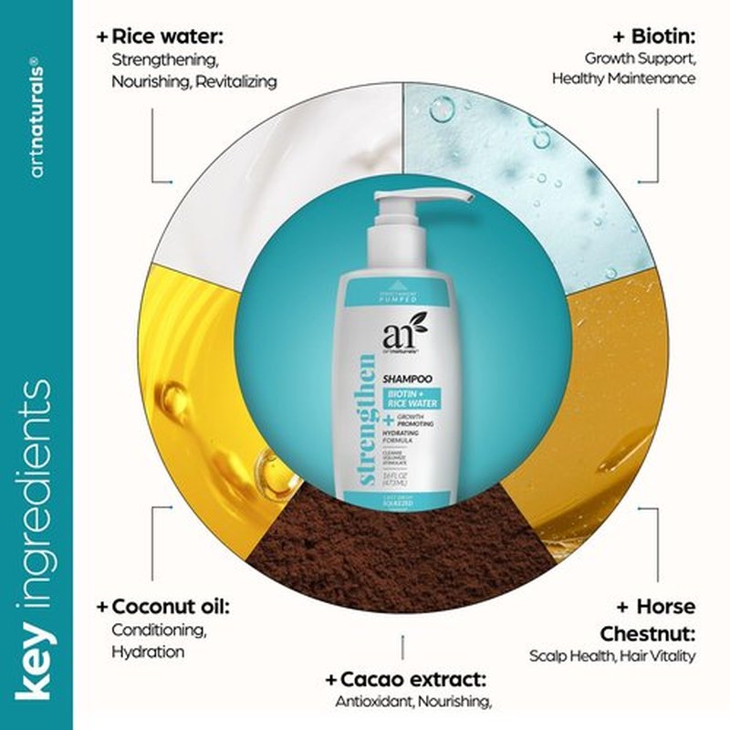 Artnaturals Rice Water + Biotin Shampoo - (16 Fl Oz / 473ml) - Sulfate Free – Dual Bottle -Made with Banana, Quinoa, and Coconut to Promote Strength, Shine, and Growth