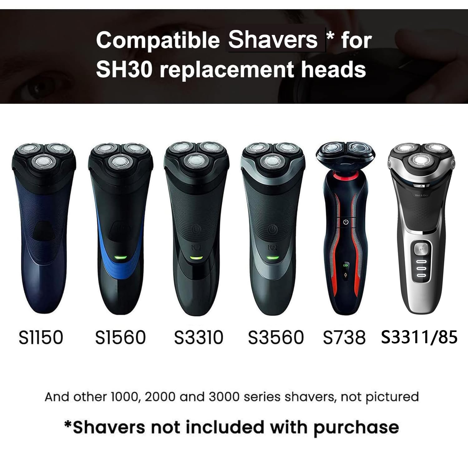 SH30 Replacement Heads with Cutterhead Retaining Ring, Compatible with Philips Norelco Series 3000, 2000, 1000 Shaver