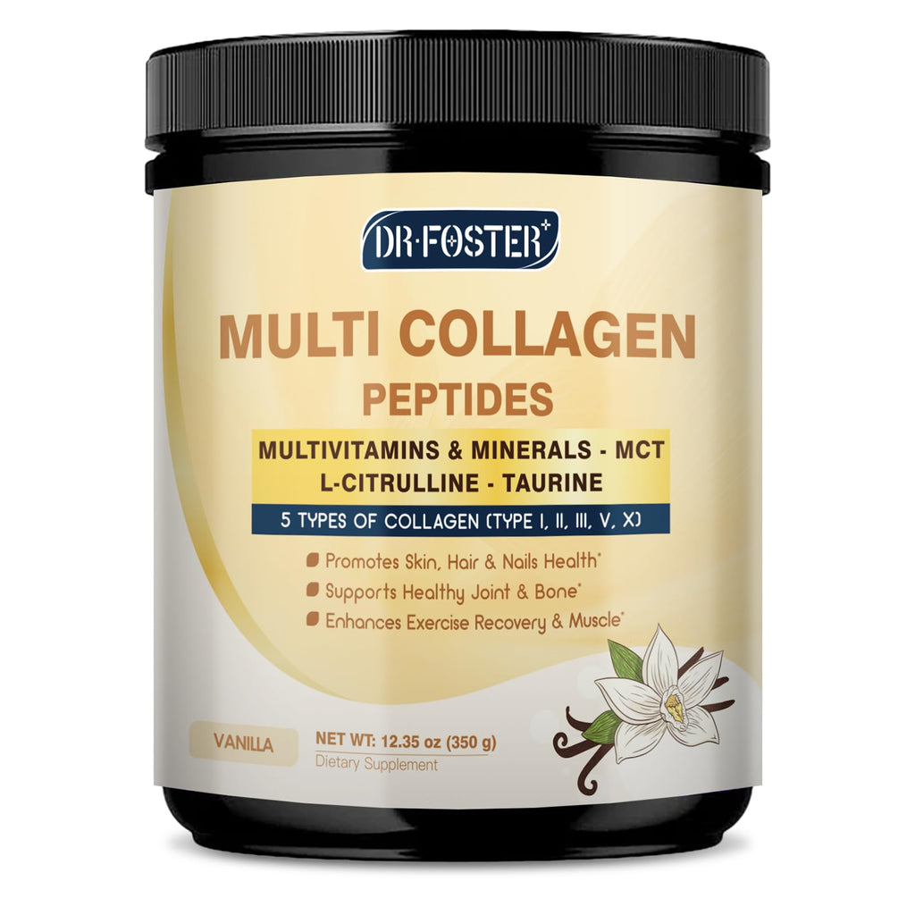 DRFOSTER Vanilla Collagen Peptides Powder for Women & Men, Multi Type I II III V X Collagen with multivitamins & Minerals for Skin, Hair & Nails & Joints, Non-GMO, 35 Servings