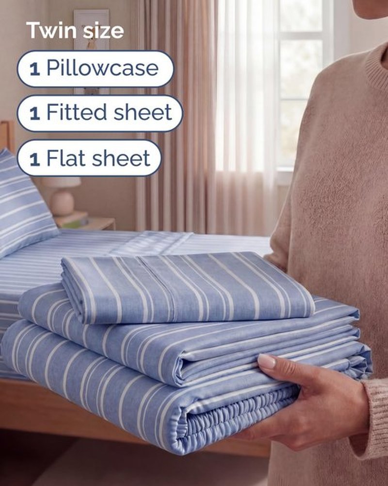 Skiennix Twin Size Sheet Set - Comfy Cooling Bed Sheets - Luxury Hotel Quality - Deep Pockets, Soft, Wrinkle-Free - Blue Stripes