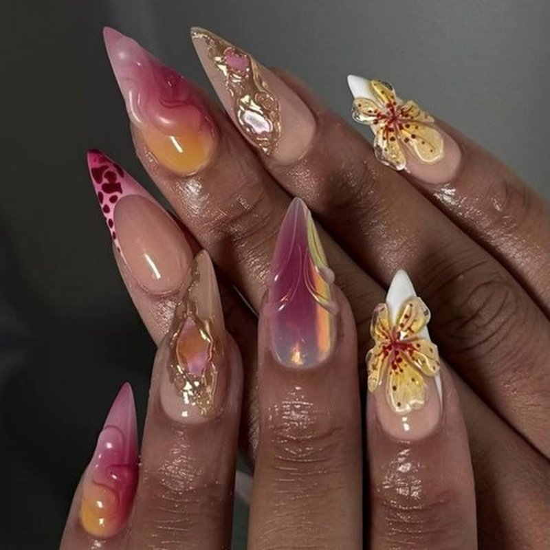Medium Almond Press on Nails French Tip Fake Nails with 3D Flower Design Full Cover False Nails for Women 24 Pcs (Pink-38, M-38)