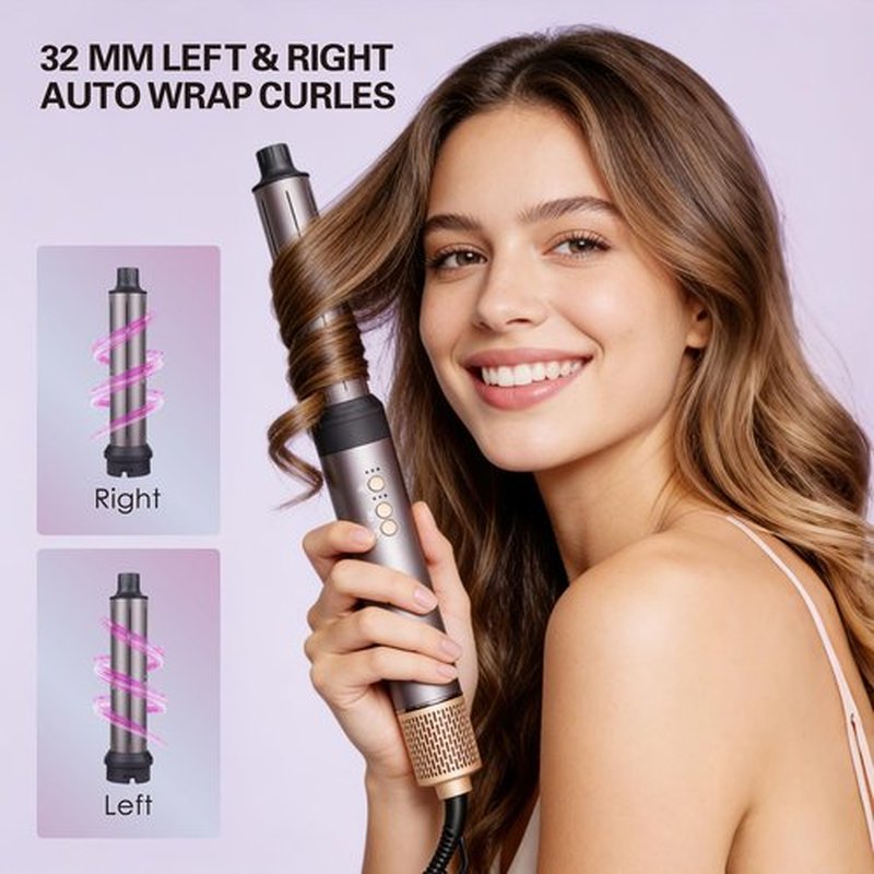 7 in 1 Hot Air Styler High Speed BLDC Motor 110000 RPM with Round Rrush Left/Right Auto Wrap Curler,Oval Brush,Straightening Brush Drying air Nozzle.1400W Hot Hair Brush with ALCI Safety Plug