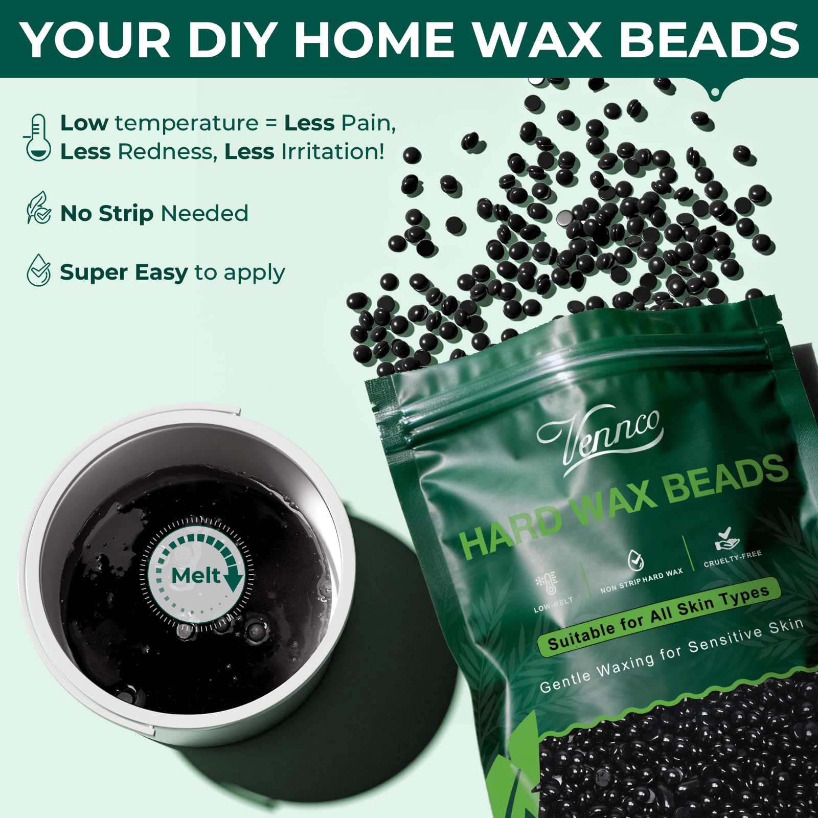 VENNCO Hard Wax Beads, 1lb Black Wax Beans for Hair Removal, Stripless Waxing Beads for Bikini,Chest Back and Full Body Use, Low Temperature Hard Wax Designed for Brazilian Waxing and Coarse Hair