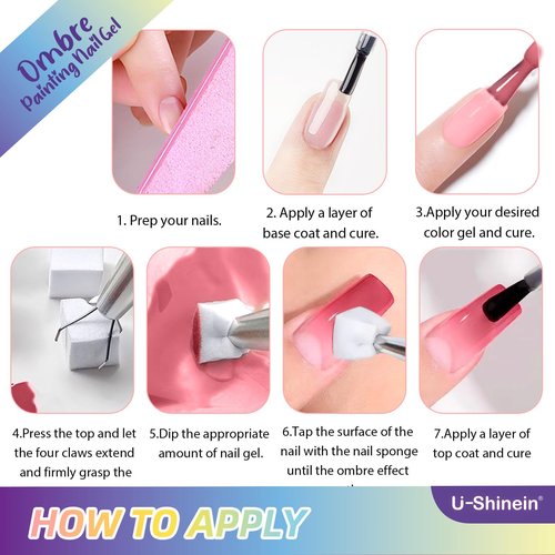 U-Shinein 12Pcs Ombre Gel Nail Polish Set,Spring Summer Colorful Painting Nail Gel with 100Pcs Nail Sponges & 4 Claws Metal Grabber for Diy Nail Art（C）