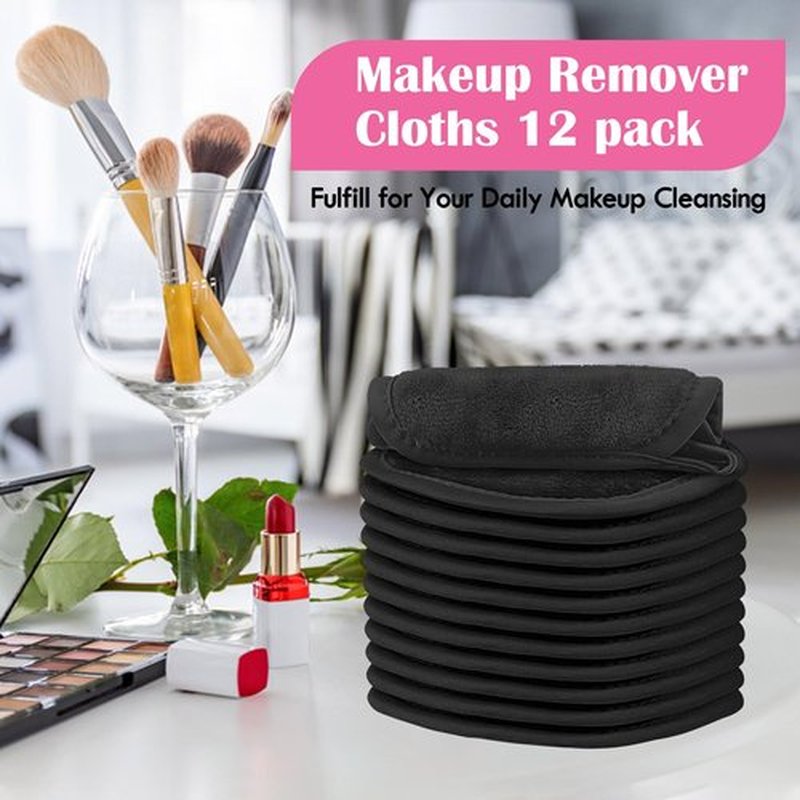 Orighty Makeup Remover Cloths 12 Pack, Makeup Removal Face Cleansing Cloth, Reusable Make-up Remover Pads Remove Instantly Dirt with Just Water, 5 x 5 in (Black)