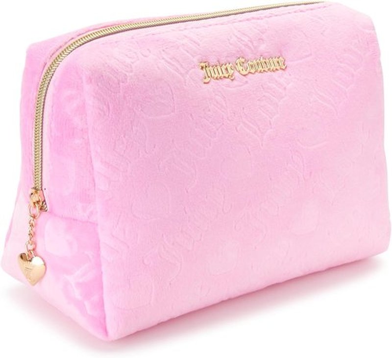 Juicy Couture Pink Makeup Bag - Stylish Velour Organizer for Travel Essentials | Zip Top Wedge Design