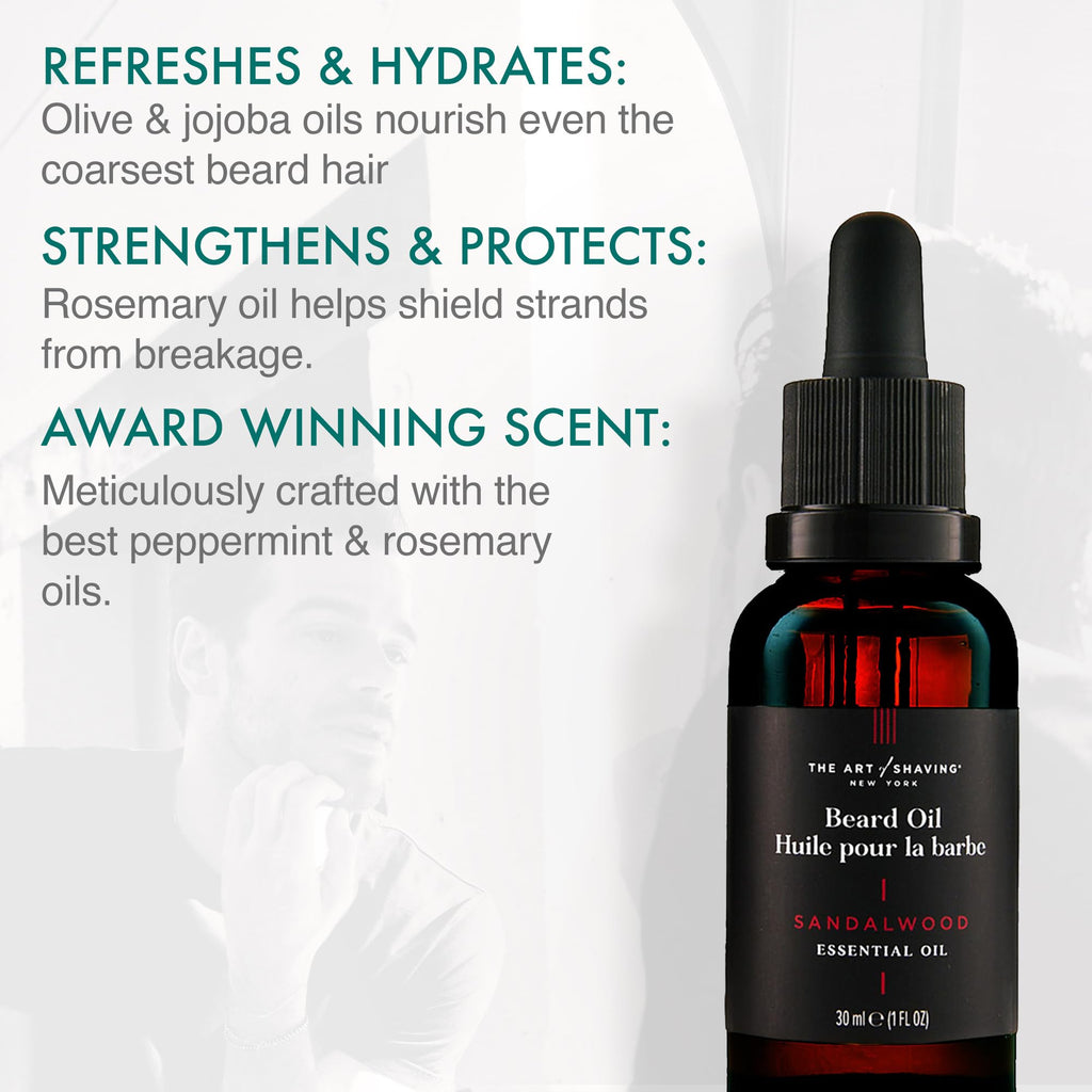The Art of Shaving Beard Oil – Tames & Moisturizes Beard & Mustache Hair Leaving a Healthy Shine with a Non Greasy Finish – Award-Winning Sandalwood Scent, 1 oz