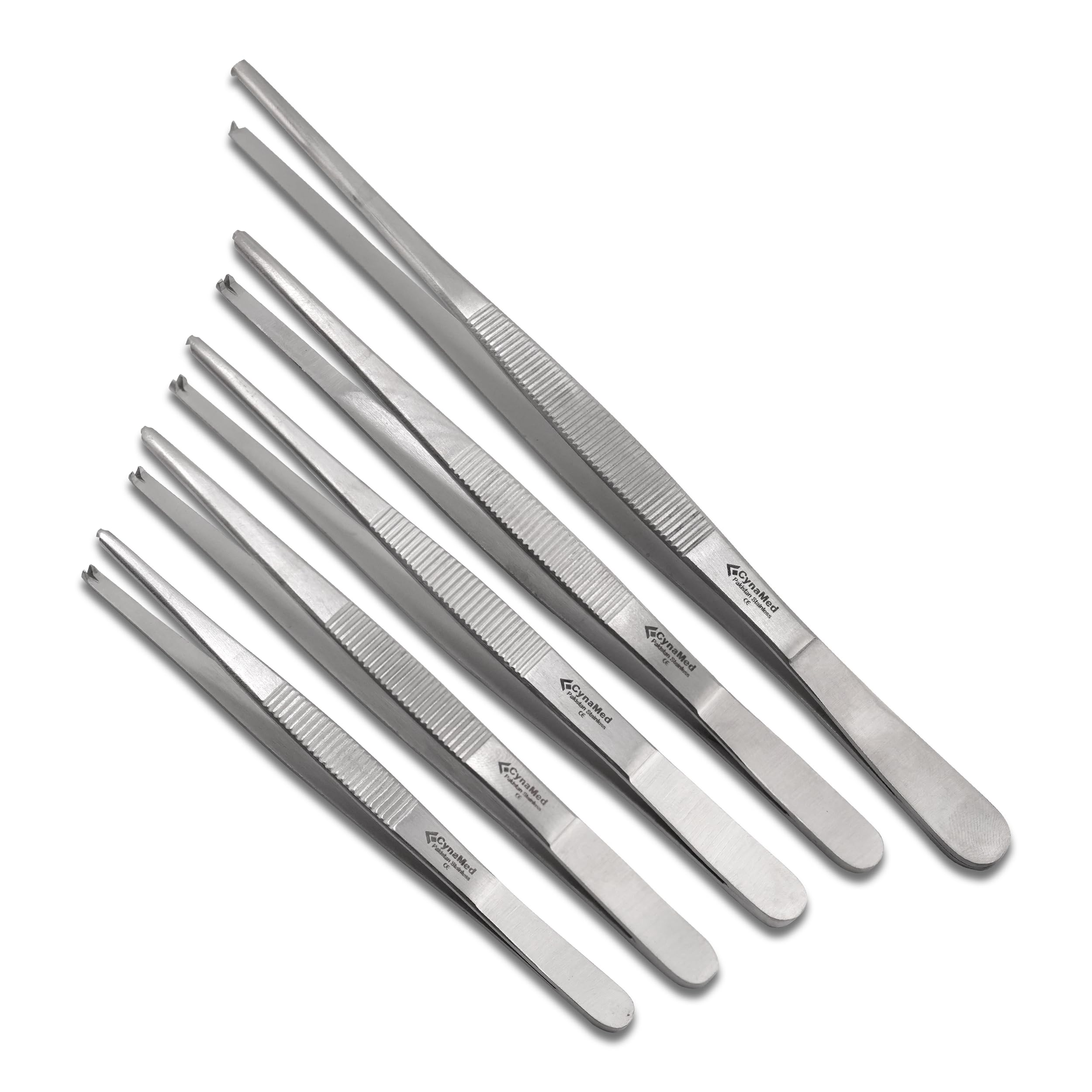 Cynamed Set of 5 Thumb Tweezer Multipurpose Forceps (Toothed, 1x2 Teeth) - Stainless Steel, 4.5in.-8 in.
