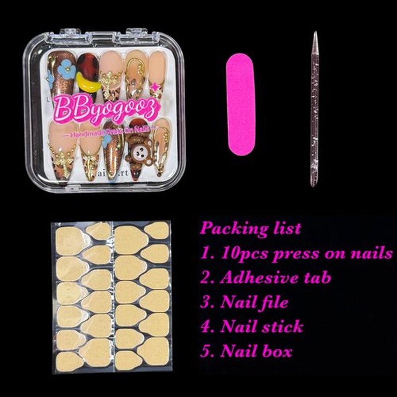 Handmade Press on Nails Cute 3D hand-crafted Monkey & Banana, Leopard Print Design - Long Stiletto Shape Reusable False Nails, Fun Animal Themed Nail Art (Pawky Monkey, S)