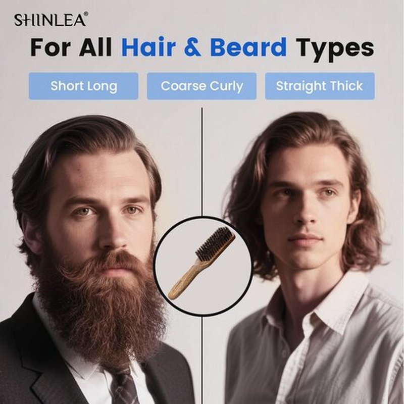 Boar Bristle Hair Brush for Men, Beard Brush with Wooden Handle for Beards Mustaches Grooming, and Soften Facial Hair, Slick Back Hair Brush for Thick & Fine Hair, Great Gift