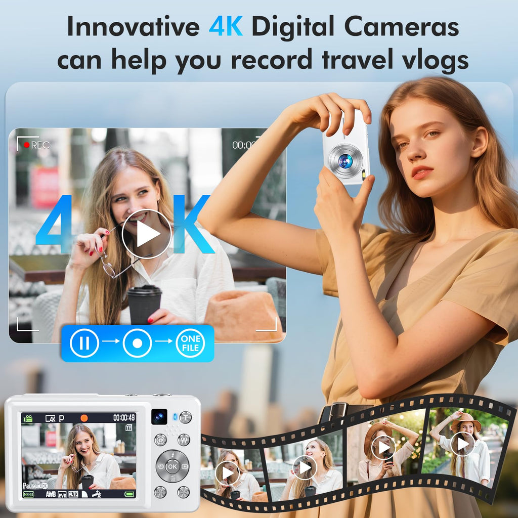 4K Digital Camera, 64MP Autofocus Vlogging Camera with Dual Lens, 16X Digital Zoom YouTube Compact Travel Point Shoot Camera for Teens Beginner, Anti-Shake,2 Batteries, 32GB Card (White)