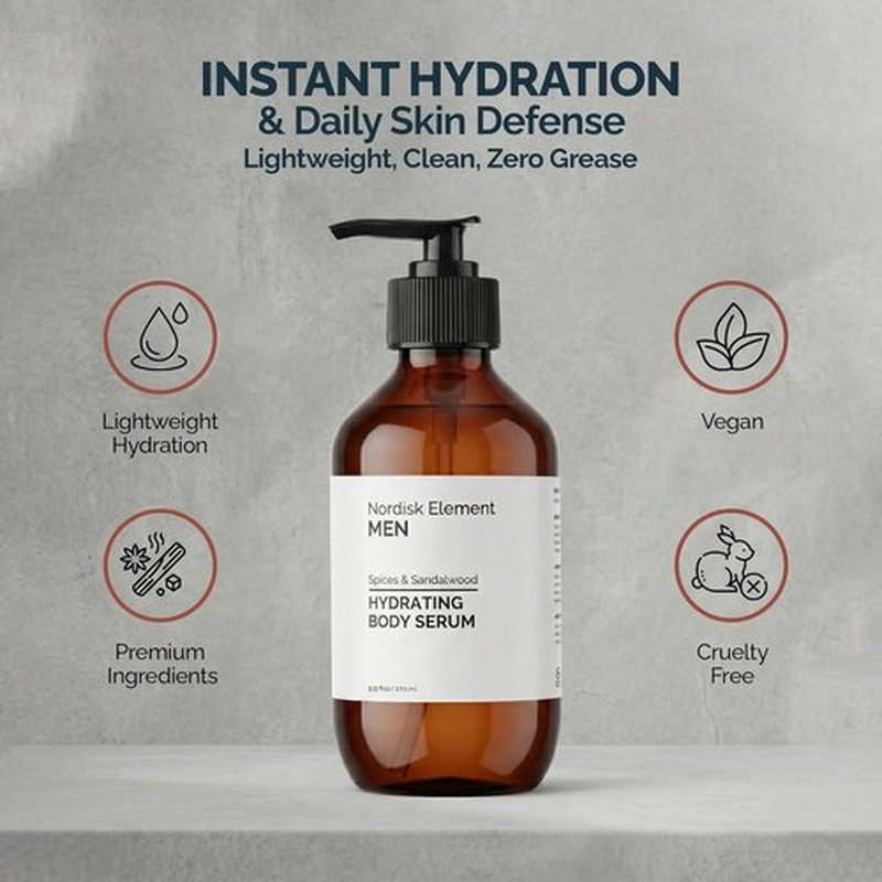 Nordisk Element Body Serum for Men - Lightweight Hydrating Serum with Hyaluronic Acid & Antioxidants | 9.13 Fl Oz, Vegan Sandalwood Scent