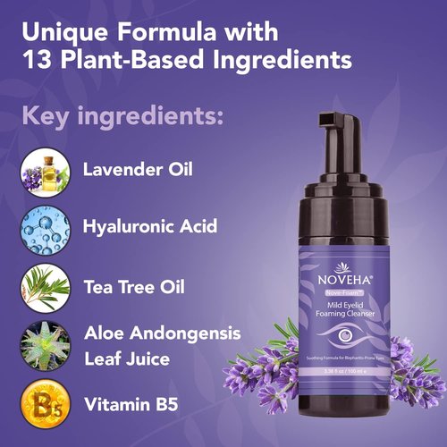 NOVEHA Lavender and Tea Tree Oil Eyelid Foaming Cleanser | Hydrating Hypoallergenic Daily Soap For Eyelashes and Lids, For Demodex, MGD, Stye Eye, Eye Irritations & Dry Skin | 3.38 fl oz (3PK - 100ml)