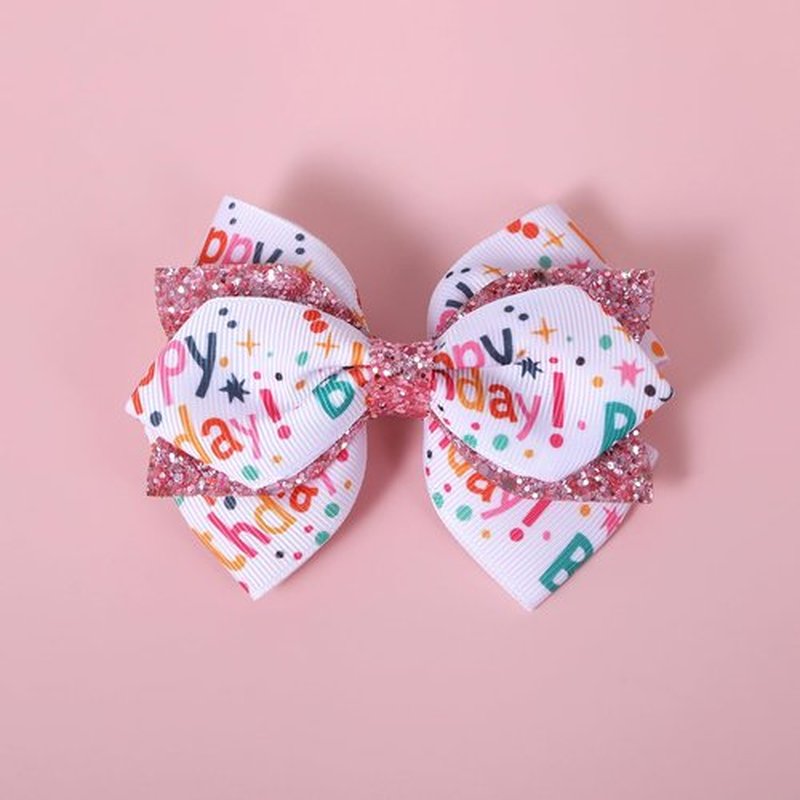 4" Happy Birthday Ribbon Hair Bow Clips 2pc Sparkly Pink Sequin Alligator Barrettes Pins for Teens Toddler Baby Girls Kids Women Ice Cream Party Outfit Dress Decor Accessory Gift