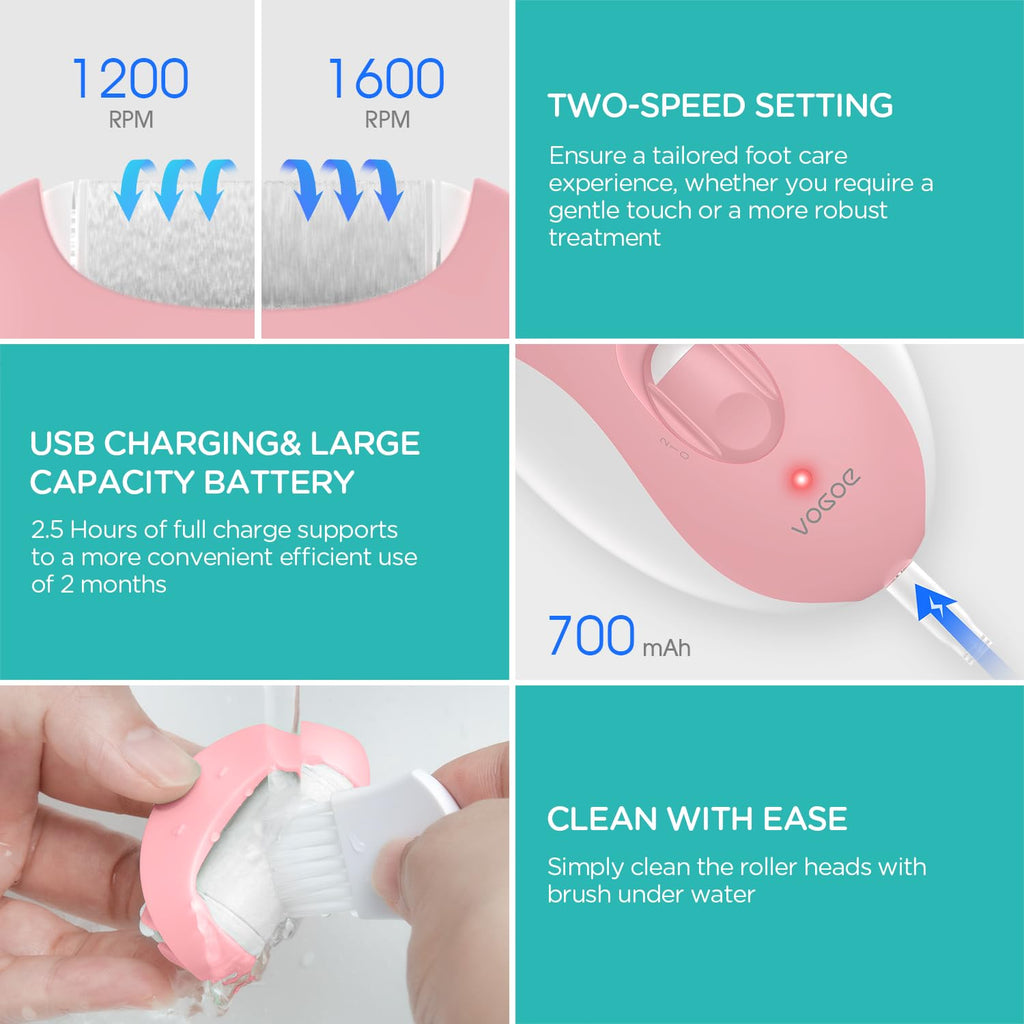 VOGOE Electric Callus Remover for Feet, Rechargeable Foot File Pedicure Tools with 3 Rollers & 2 Speeds, Professional Feet Scrubber Remover Foot Care for Calluses, Cracked Dry Dead Skin CR310 Pink