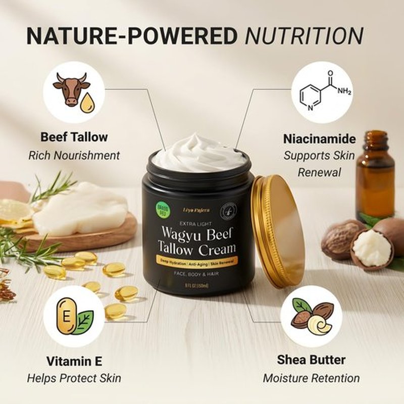 Non-Greasy Beef Tallow for Skin & Hair Growth 5OZ Shea Butter, Vitamin E, Niacinamide, Whipped Grass Fed Beef Tallow for Face Moisturizer Cream, Lotion for Women & Men, Anti-Aging Face Moisturizer