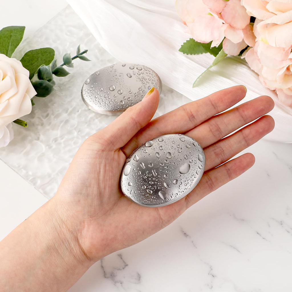 COMNICO 2 Pack Stainless Steel Soap Bar, Silver Odor Remover Magic Metal Odor Absorber Soap Rubbing Stone Kitchen Gadgets Eliminating Hands Skin Smell Like Onion Garlic Strong Scents (Oval)