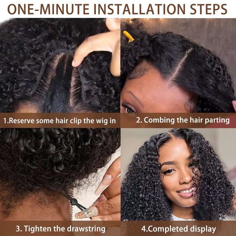V Part Burmese Curly Wig Human Hair 200% Density Upgrade U Part Wig with Drawstring No Leave Out Glueless V Shape Full Head Clip In Half Wig Curly Human Hair Wig for Black Women Natural Color 16 Inch