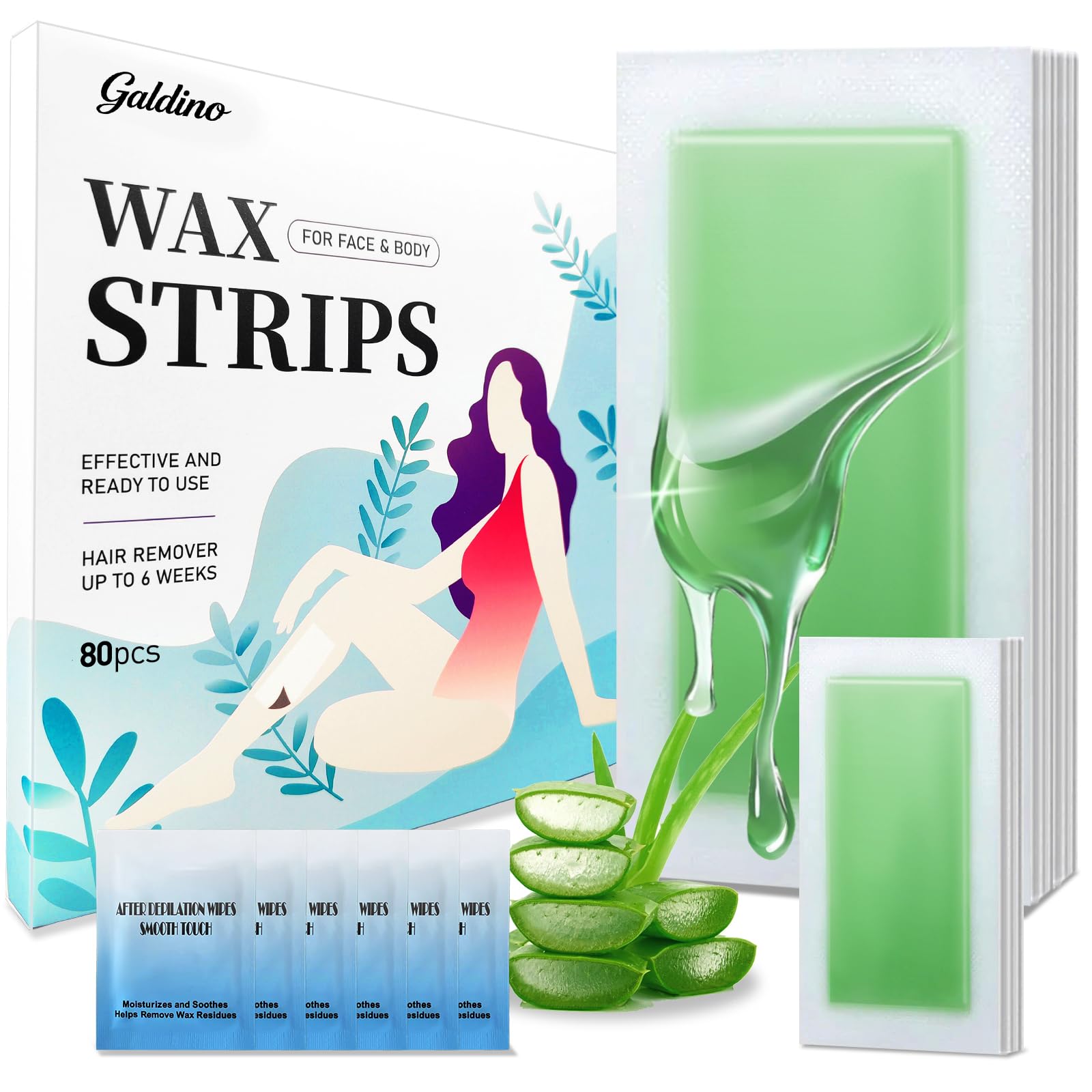 Wax Strips, 80pcs Wax Strips For Face & Body, Waxing Strips For Women, For Bikini, Lip, Body, Facial Hair Removal (40*Big, 40*Small，6*Wipes)