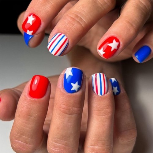 4th of July Press on Nails Extra Short Square OFDNE Patriotic Fake Nails Cute False Nails with Stars Stripes Designs Glossy Glue on Nails White Blue Red Acrylic Nails for Women Girls 24Pcs