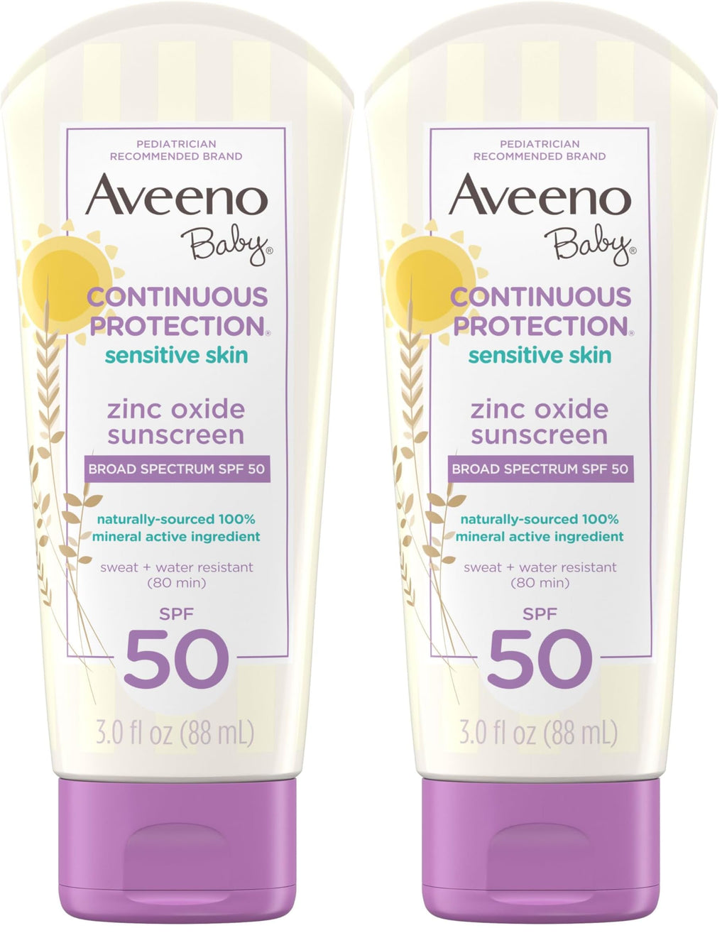 Aveeno Baby Continuous Protection Zinc Oxide Mineral Sunscreen Lotion for Sensitive Skin,Broad Spectrum SPF 50,Tear-Free,Sweat- & Water-Resistant,Paraben-Free,Travel-Size,3 fl. oz,(Pack of 2)