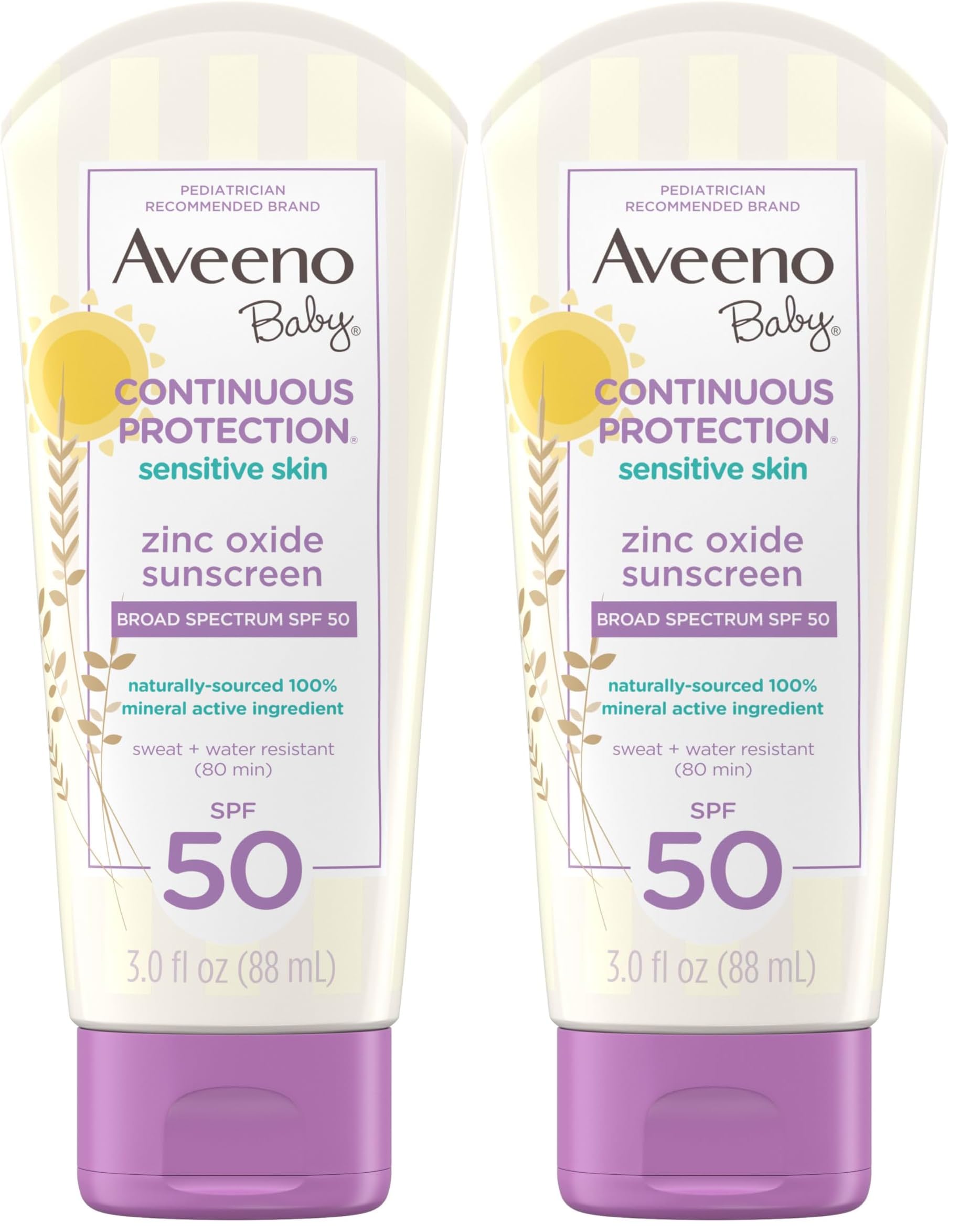 Aveeno Baby Continuous Protection Zinc Oxide Mineral Sunscreen Lotion for Sensitive Skin,Broad Spectrum SPF 50,Tear-Free,Sweat- & Water-Resistant,Paraben-Free,Travel-Size,3 fl. oz,(Pack of 2)