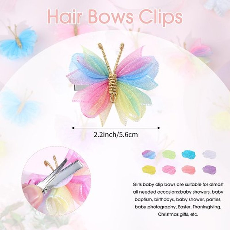 Oaoleer 16PCS Mini Butterfly Hair Clips, 2" Tulle Mesh Hair Bow Pins Colorful Butterfly Hair Barrettes Wedding Hair Accessories for Baby Girls
