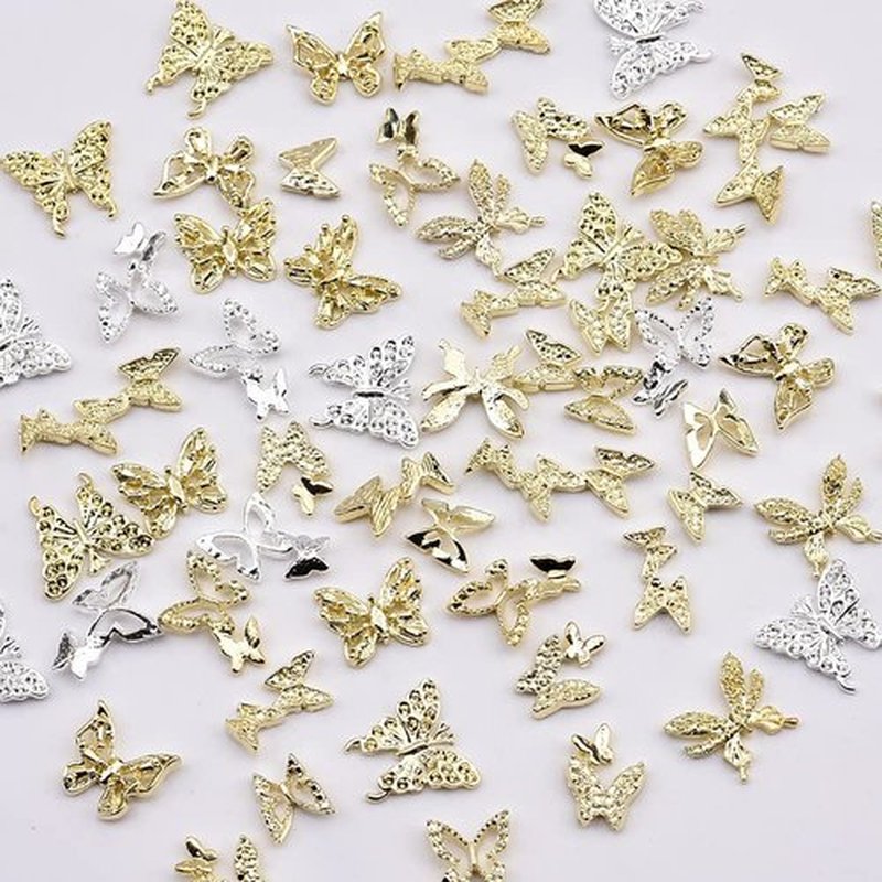 60pcs Metal Alloy Gold Silver 3D Butterfly Nail Charms Mix Big Small Designs for Women Nails Decoration Craft Jewelry DIY Bulk Supply