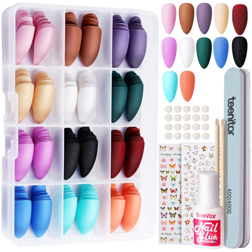 Teenitor Almond Press On Nails, 12 Color 288Pcs Matte Glue On Nails Almond Shape Press On Nails Medium Length Fake Nails