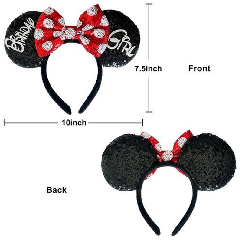 Tarocynn Birthday Mouse Ears Headband, Sequin Bow Headbands for Women Party Favors Cosplay Accessories (Black Birthday)