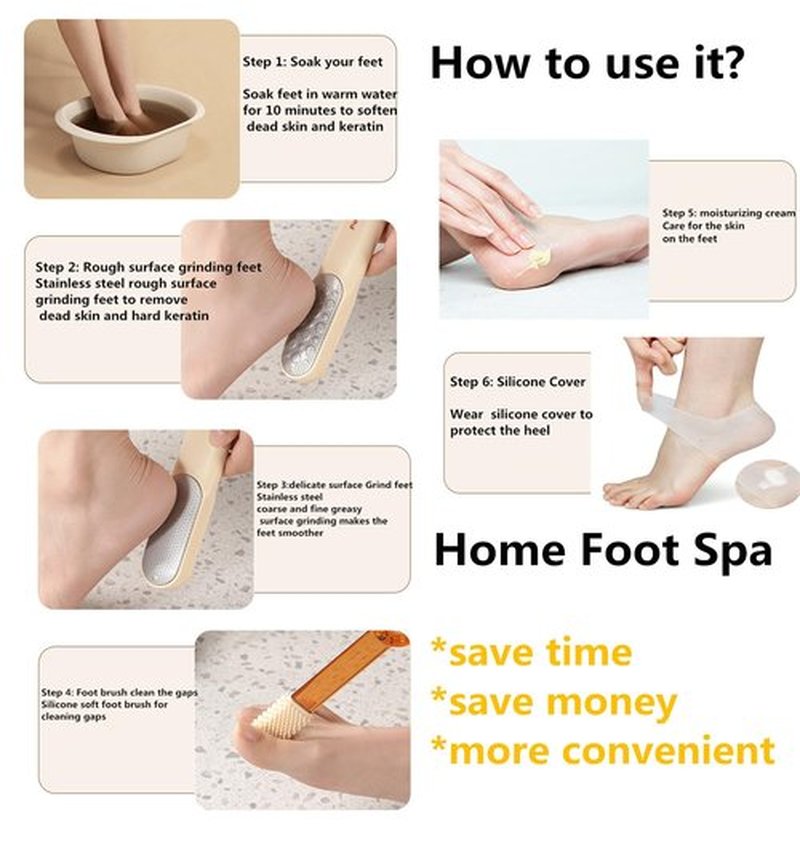 2-in-1 Foot File Callus Remover Set, Stainless Steel Foot Scrubber with Silicone Brush & Heel Gel Socks for Smooth Feet (Grey)