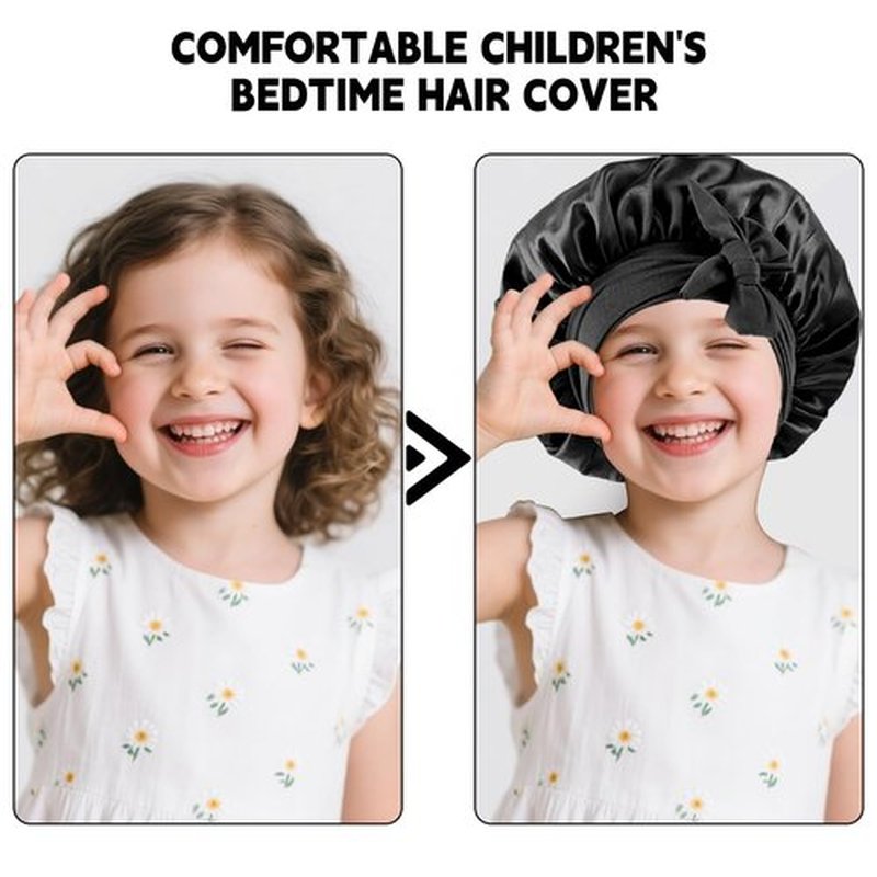 3 PCs Kids Bonnets for Girls, Silk Bonnet for Kids, Satin Bonnet for Sleeping, Baby Toddler Hair Cap with Tie Band (Rose Pink+Peach Pink+Black)