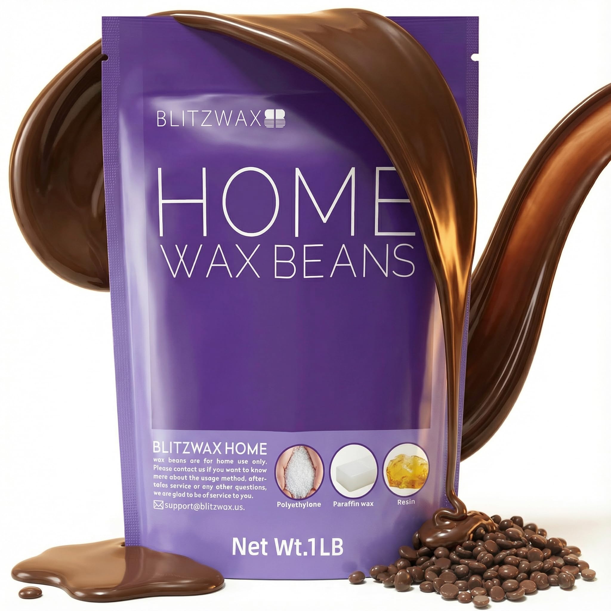 BLITZWAX Hard Wax Beads for Hair Removal 1lb Flexible Formula Brown Wax Beans No Residue for Brazilian Bikini Facial Body, Large Refill Wax for Women Men At Home Waxing