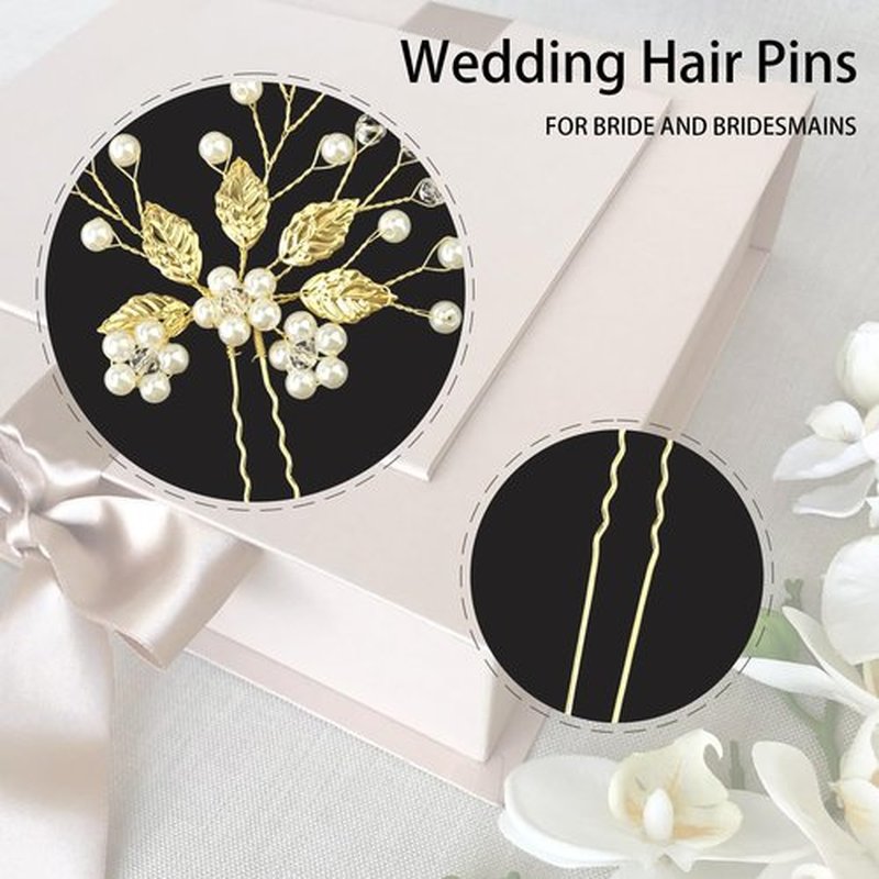 5 Pieces Bride Hair Pins Pearl Bridal Hair Piece for Women Sparkly Gold Leaf Crystal Hair Accessories for Bride Bridesmaids Flower Girls(Gold)