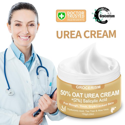 Grocerism Urea Cream 50 Percent for Feet 5.29 oz with Oat and 2% Salicylic Acid, Foot & Hand Cream included Hyaluronic Acid, Tea Tree and Aloe Vera for Deep Moisturizing, Callus Removing 2 Packs
